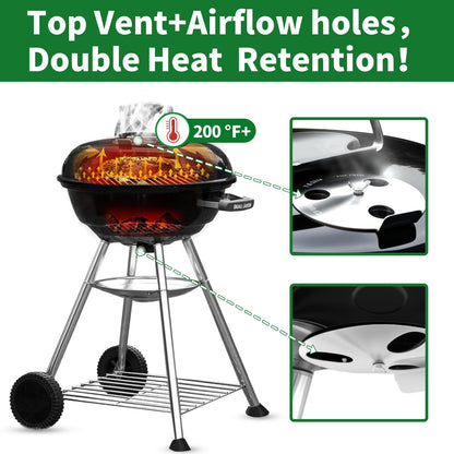 BEAU JARDIN Premium 18.1 Inch Charcoal Grill for Outdoor Cooking Barbecue Camping BBQ Coal Kettle Grill Tailgating Portable Heavy Duty Round with Thickened Grilling Bowl with Wheels BG231