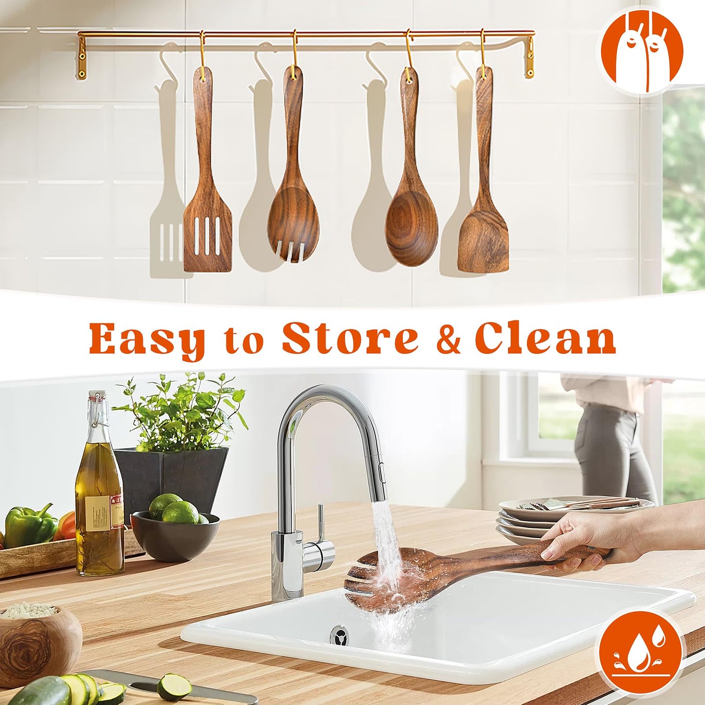 4Pcs Wooden Spoons for Cooking, Acacia Wood Kitchen Utensils Set for Nonstick Pans, Smooth Finish Cooking Utensils with Long Handle, Wooden Spatula for Cooking, Mixing, Baking