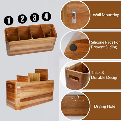 Wooden Kitchen Utensil Holder Organizer for Counter or Countertop, Large Wooden Utensil Holder for Storage Cooking and Silverware with 4 Compartment, Acacia Rustic Wood Container Extra Large