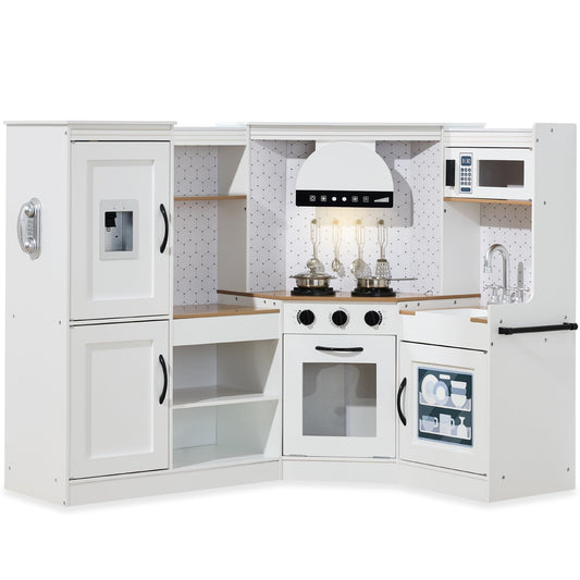 Best Choice Products Pretend Play Corner Kitchen, Ultimate Interactive Wooden Kids Playset w/Lights & Sounds, Ice Maker, Hood - Farmhouse White