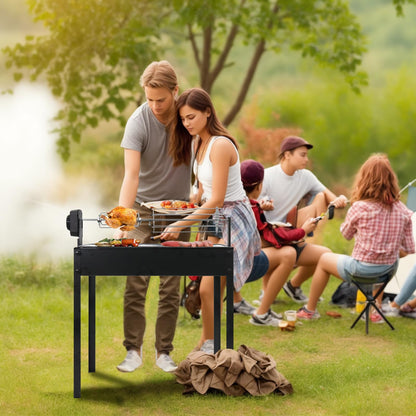 BESTHLS Barbecue Charcoal Grill with Electric Rotisserie Meat Forks & 6-Piece Skewer Set for Outdoor Cooking Camping Hiking Picnics Tailgating Backpacking or Any Outdoor Event