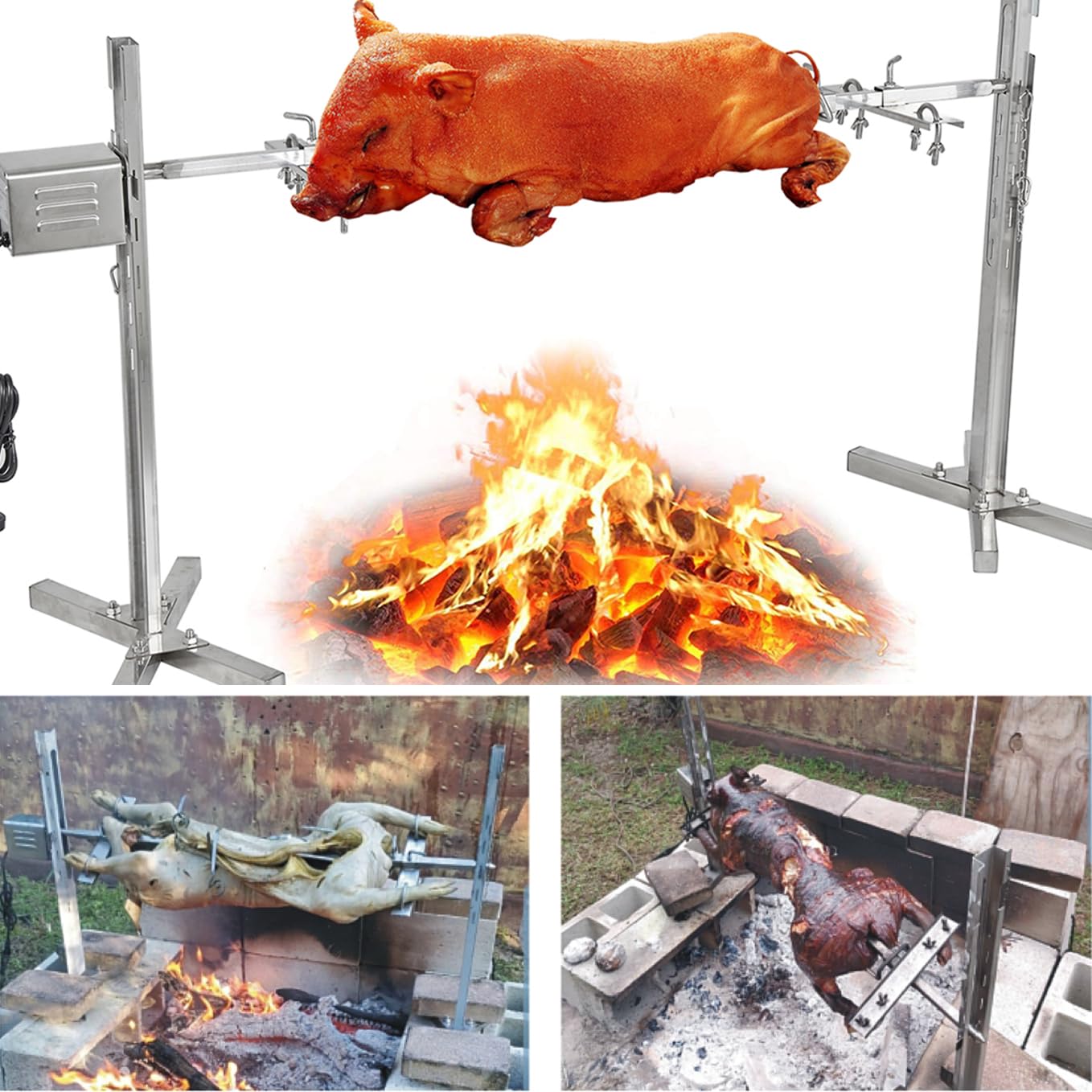 iMeshbean 220lbs Rotisserie Grill Kit, Electric Pig Spit Rotisserie Grill with 45W Motor,Stainless Steel Spit Roaster Stand for Roasting Pig Lamb Turkey Chicken & Whole Animals,Height Adjustable