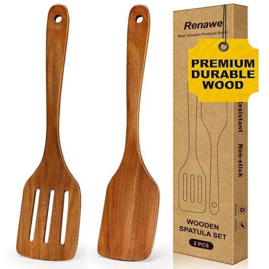 12 Inch Acacia Wood Spatula for Cooking Utensils Slotted Turner Best Non Toxic Spatulas Nonstick Flat Teak Wooden Spatula for Kitchen Use, Frying, Eggs, Pancakes Cooking Spatula Set Bamboo Utensil
