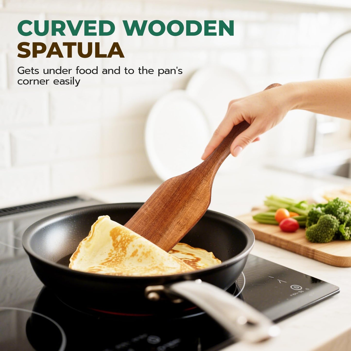 KAQISE Wooden Spatula for Cooking, Heat-Resistant Teak Wood Spatula/Turner, Kitchen Utensil with Smooth Finish,Non-Scratch Non-Stick Pans, Long Handle Handcrafted Scraper Spurtle for Flipping,Serving