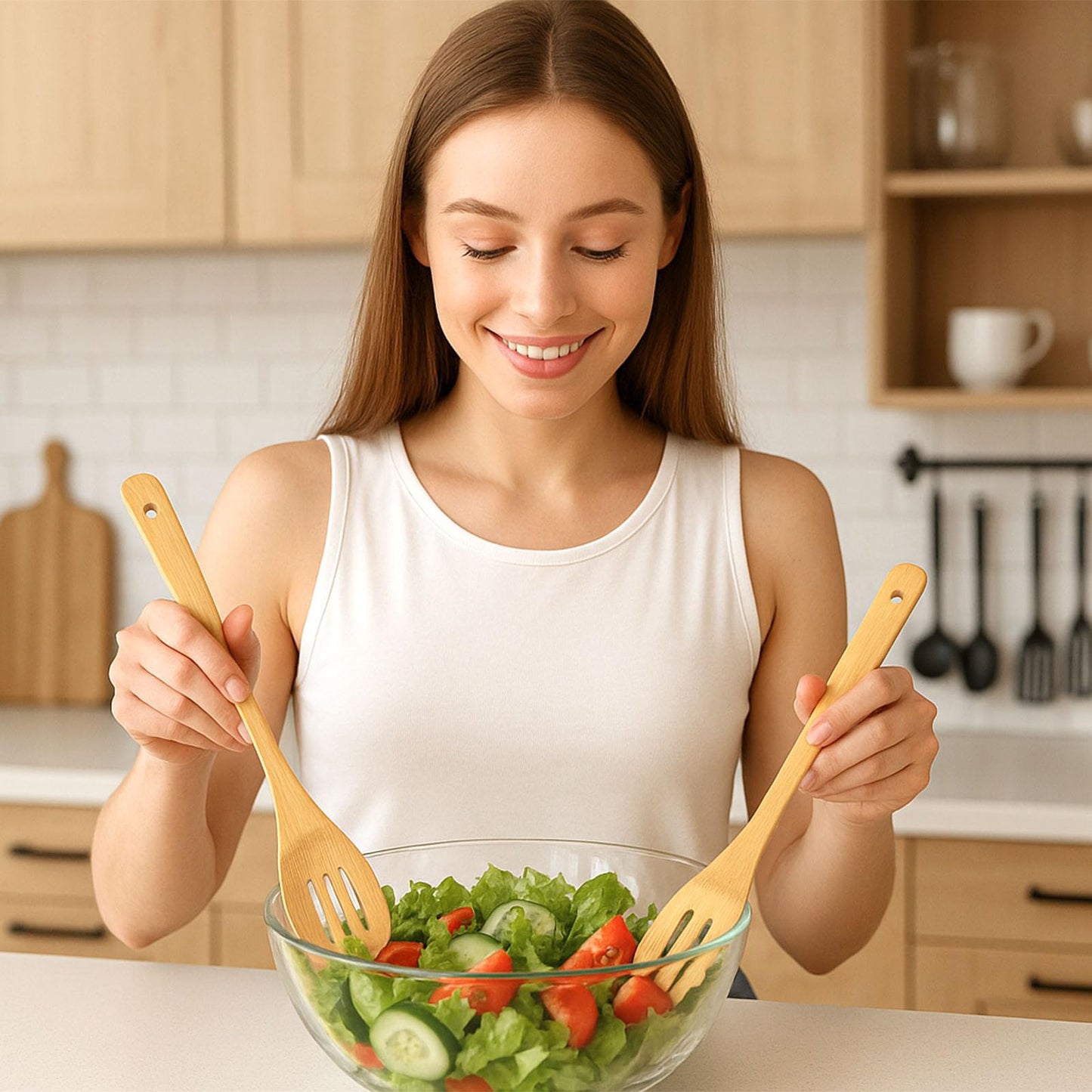 HAKSEN Bamboo Wooden Spoons for Cooking 6-Piece, Nonstick Bamboo Kitchen Utensils Set Wood Spatulas Spoons for Daily Use, Housewarming Gifts