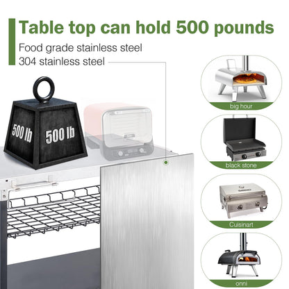 Pittazero Outdoor Grill Cart, 500lb Dining Cart Table with Three-Shelf, Stainless Steel Rolling Movable Food Prep and Work Table