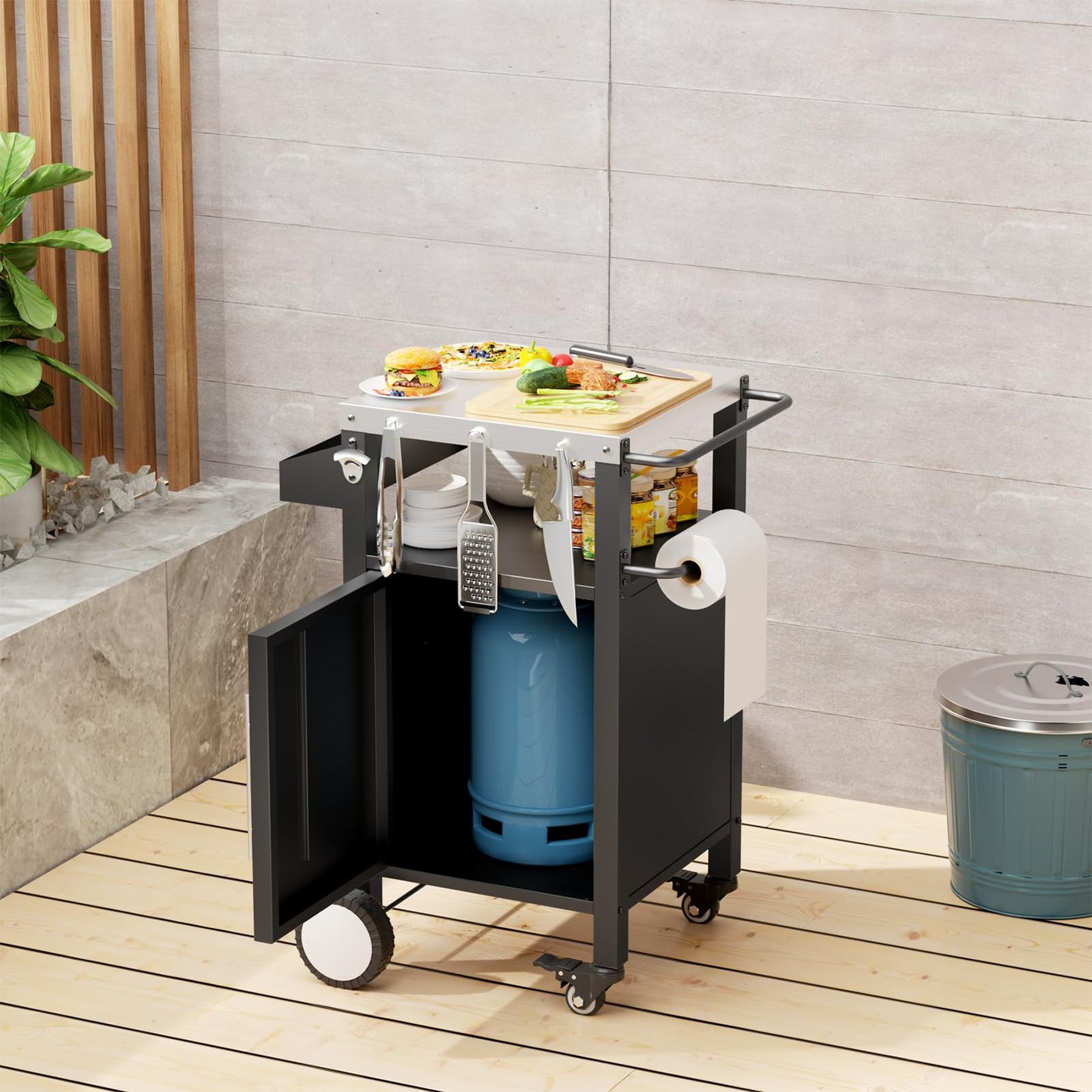 Outdoor Grill Cart with Patio Furniture, Outdoor Grill Table with Storage,Rolling Bar Cart Outdoor BBQ Cart with Hooks and Spice Rack for Grilling Accessories(Single Door, Black)