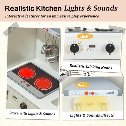 Deli Kids Kitchen Playset, Realistic Wooden Kitchen Playset for Toddlers & Kids with Lights, Sounds & Storage, Ideal Gift for Boys & Girls