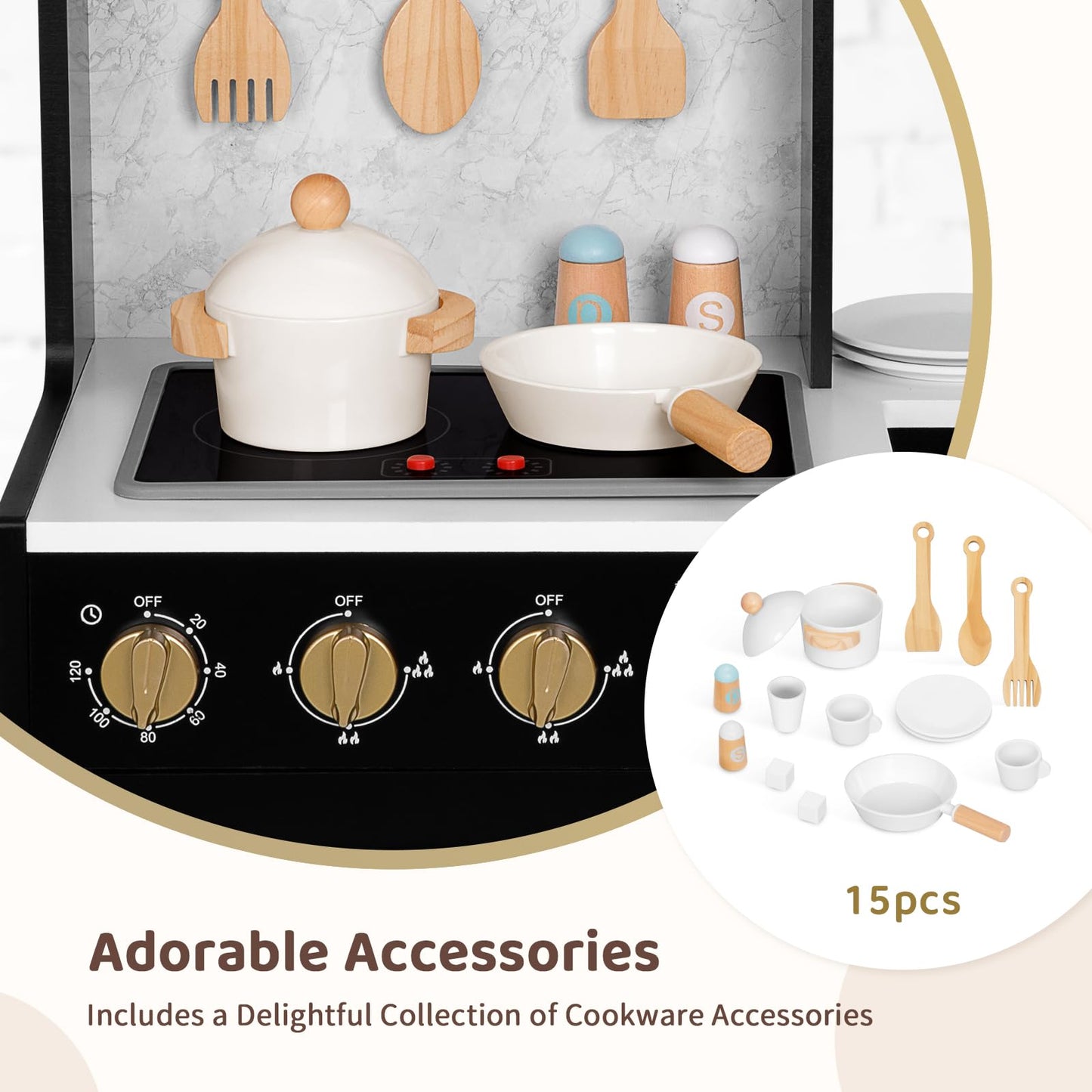 OOOK Modern Wooden Play Kitchen Set for Kids, Toddler Kitchen Playset with Real Lights & Sounds, Including 14 Pcs Accessories, Gift for Girls and Boys