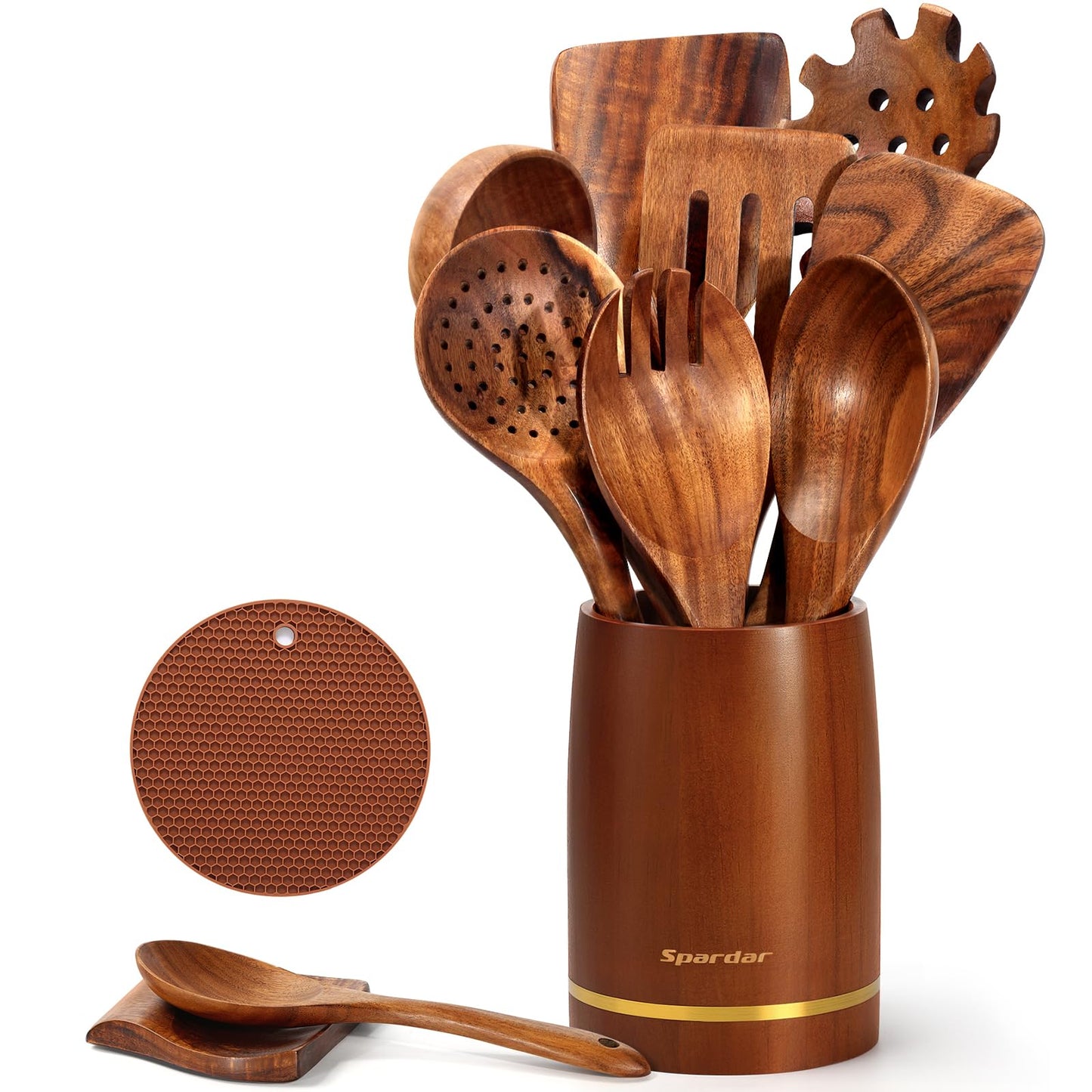 Spardar Wooden Kitchen Utensils, 12 Piece Set Wooden Spoon Set with 9 Teak Wood Cooking Spoons, Spoon Rest, Pot Holde, 3.3 Inch Utensil Holder, as Kitchen Decoration and Housewarming Gift