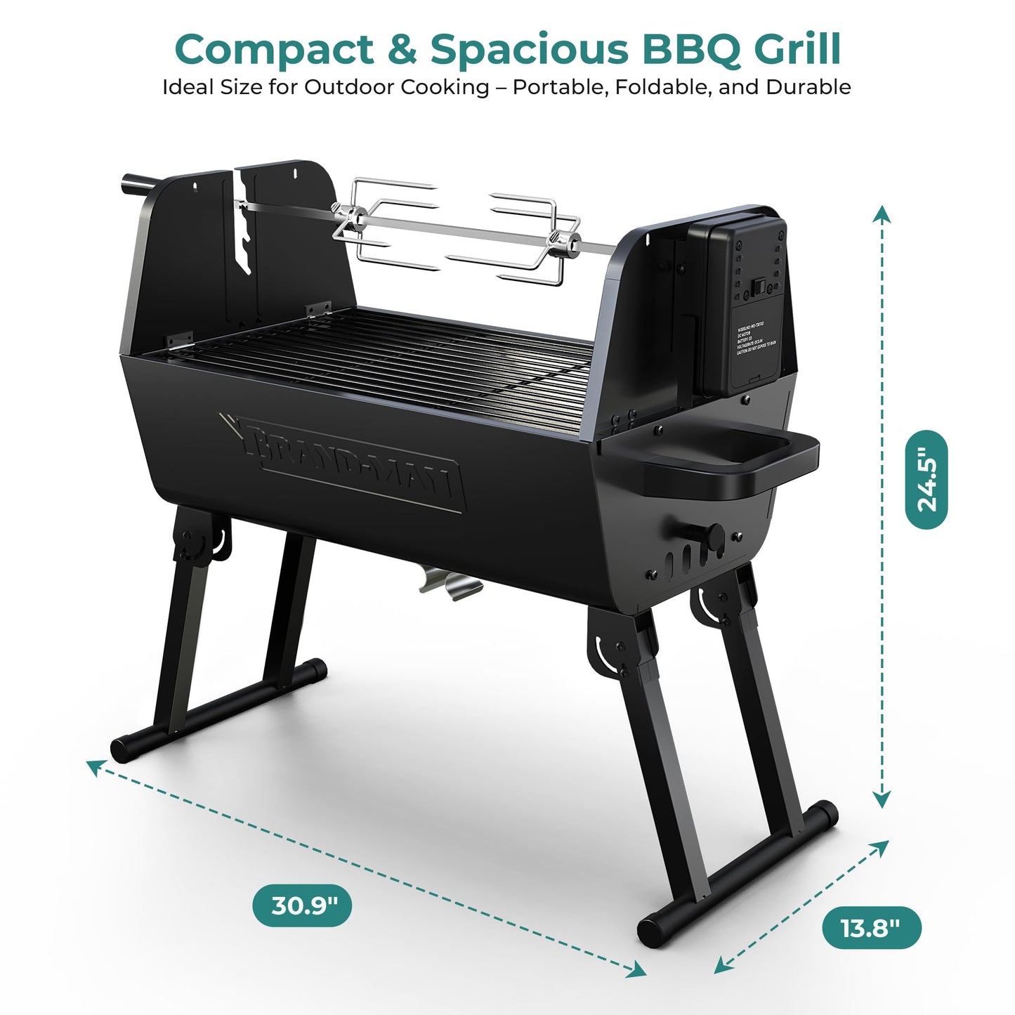 Brand-Man 2-in-1 Charcoal BBQ Grill & Motorized Rotisserie, Outdoor Portable Grill with Spit Roaster for Camping & Tailgating, Foldable, Adjustable Height, Dual Vents