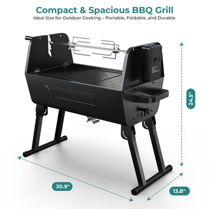 Brand-Man 2-in-1 Charcoal BBQ Grill & Motorized Rotisserie, Outdoor Portable Grill with Spit Roaster for Camping & Tailgating, Foldable, Adjustable Height, Dual Vents