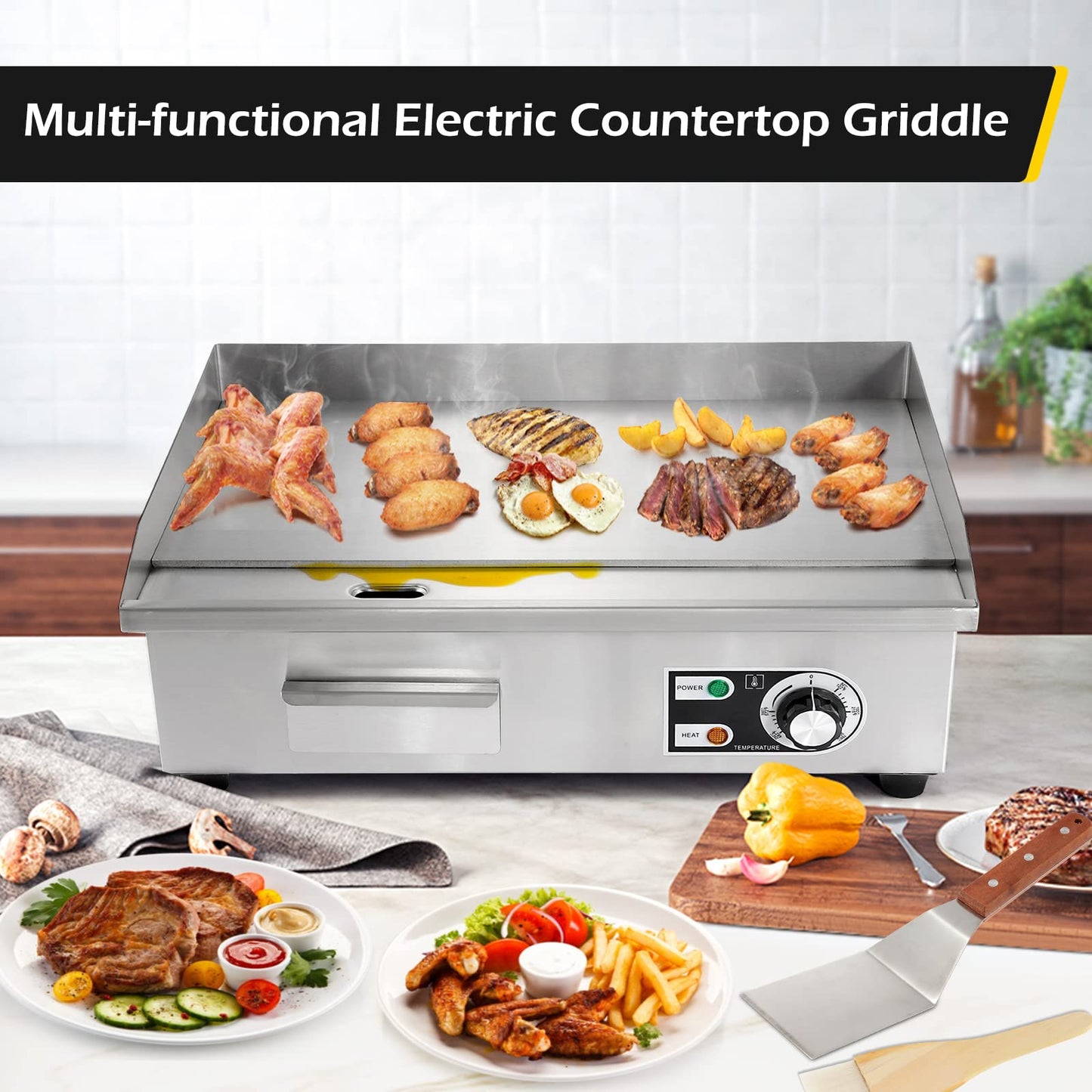 Dyna-Living Commercial Electric Griddle 22'' Flat Top Grill Countertop Griddle 3000W 110V Stainless Steel Teppanyaki Grill Large Griddles for Restaurant Kitchen