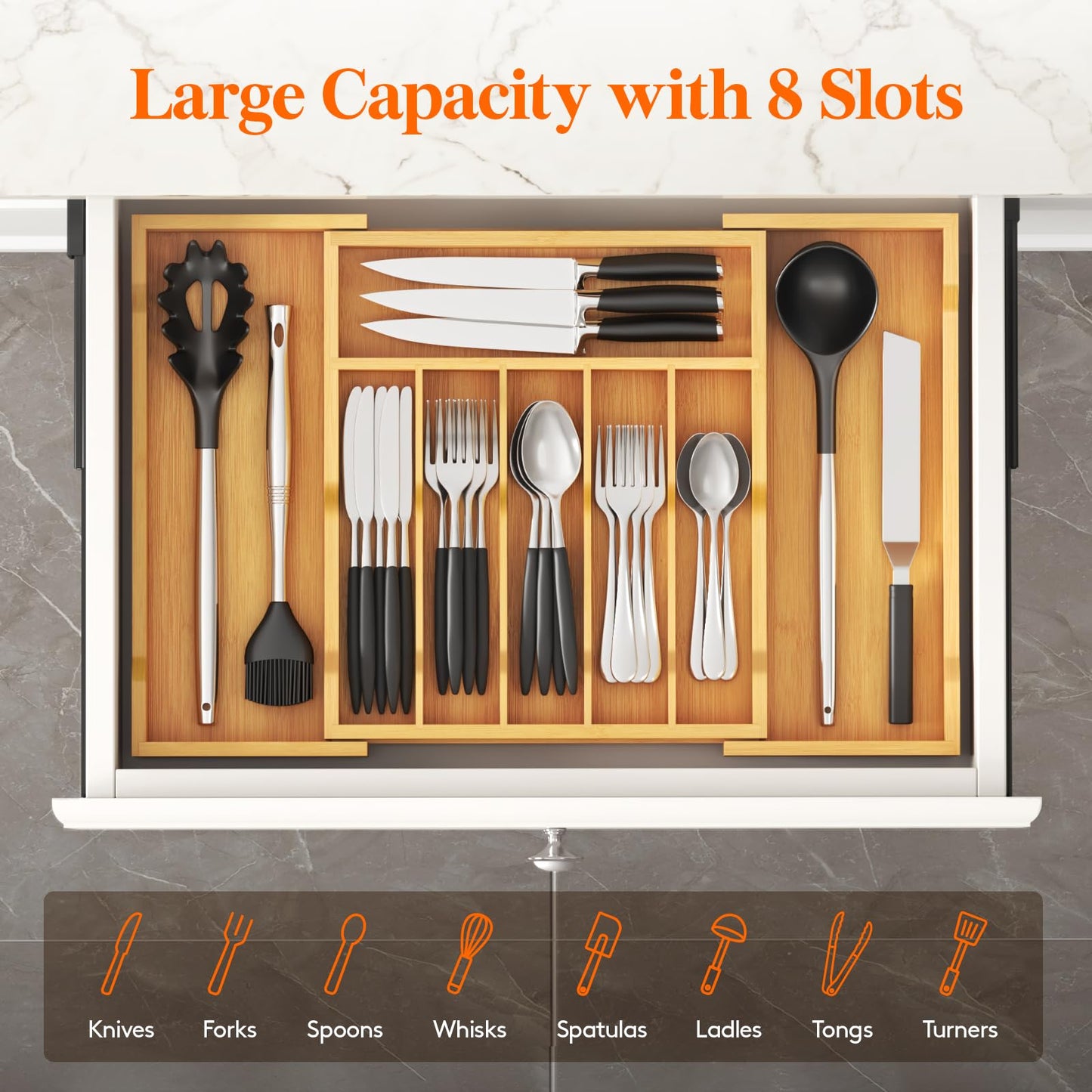 Lifewit Silverware Drawer Organizer, Expandable Utensil Tray for Kitchen, Bamboo Flatware and Cutlery Holder, Wood Adjustable Storage for Spoons Forks Knives, Large, Natural