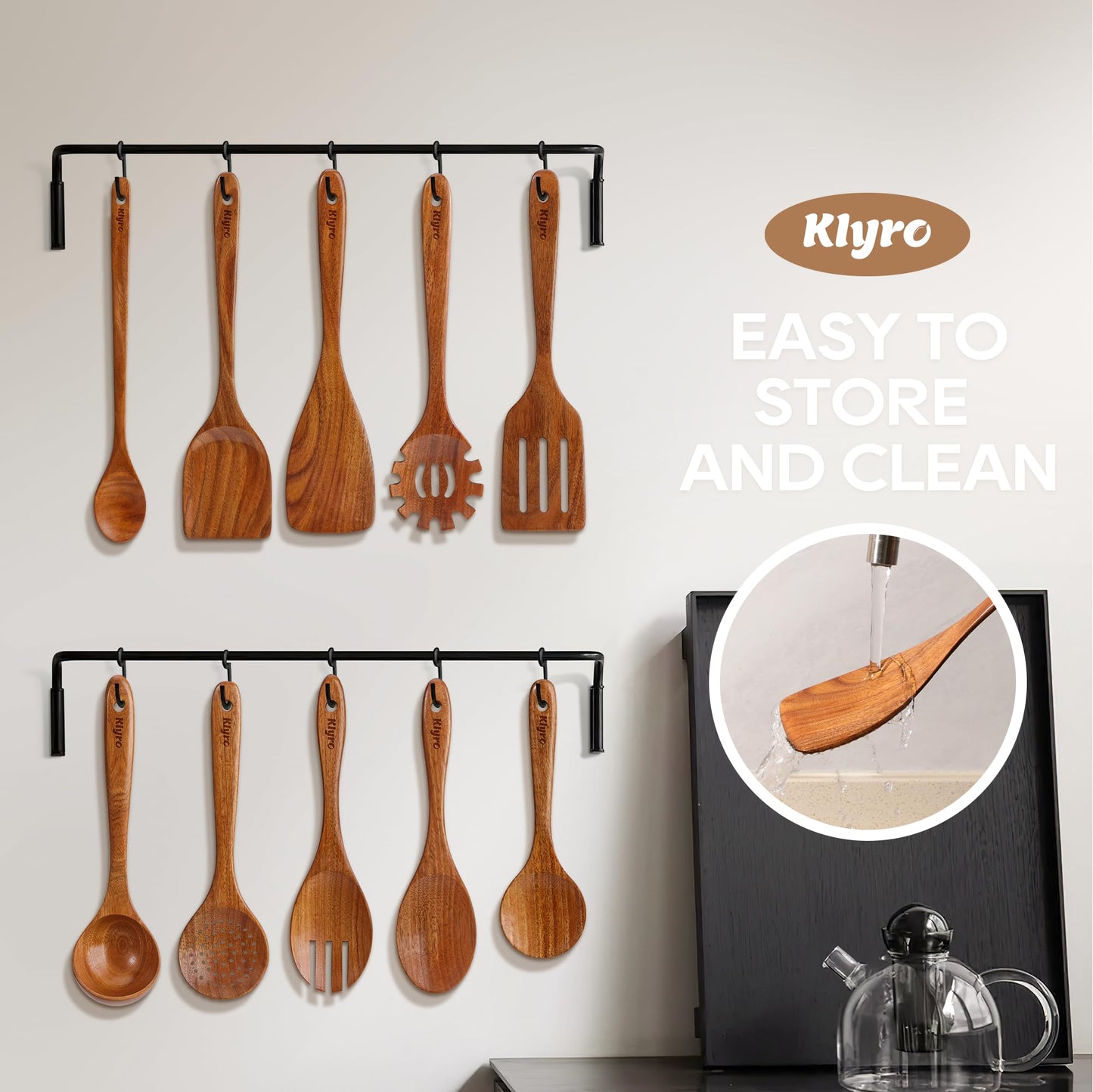KLYRO Teak Wooden Cooking Utensils Set, 10 Piece Premium Kitchen Cookware, Non-Scratch Wooden Spoons for Cooking, Perfect for Cooking and Serving