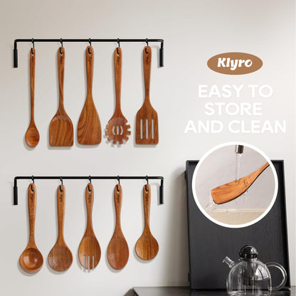 KLYRO Teak Wooden Cooking Utensils Set, 10 Piece Premium Kitchen Cookware, Non-Scratch Wooden Spoons for Cooking, Perfect for Cooking and Serving