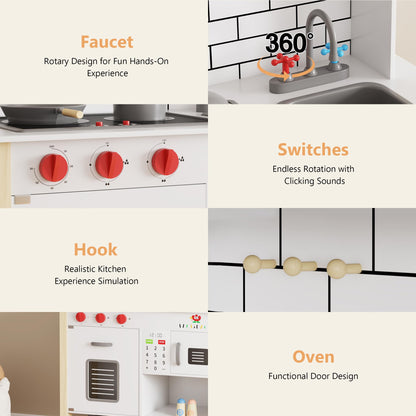 Wooden Play Kitchen for Kids, Interactive Kitchen Playset with Microwave, Range Hood Lights & Sounds, Stove, Sink, and Accessories, Realistic Toy Kitchen, for Boys & Girls