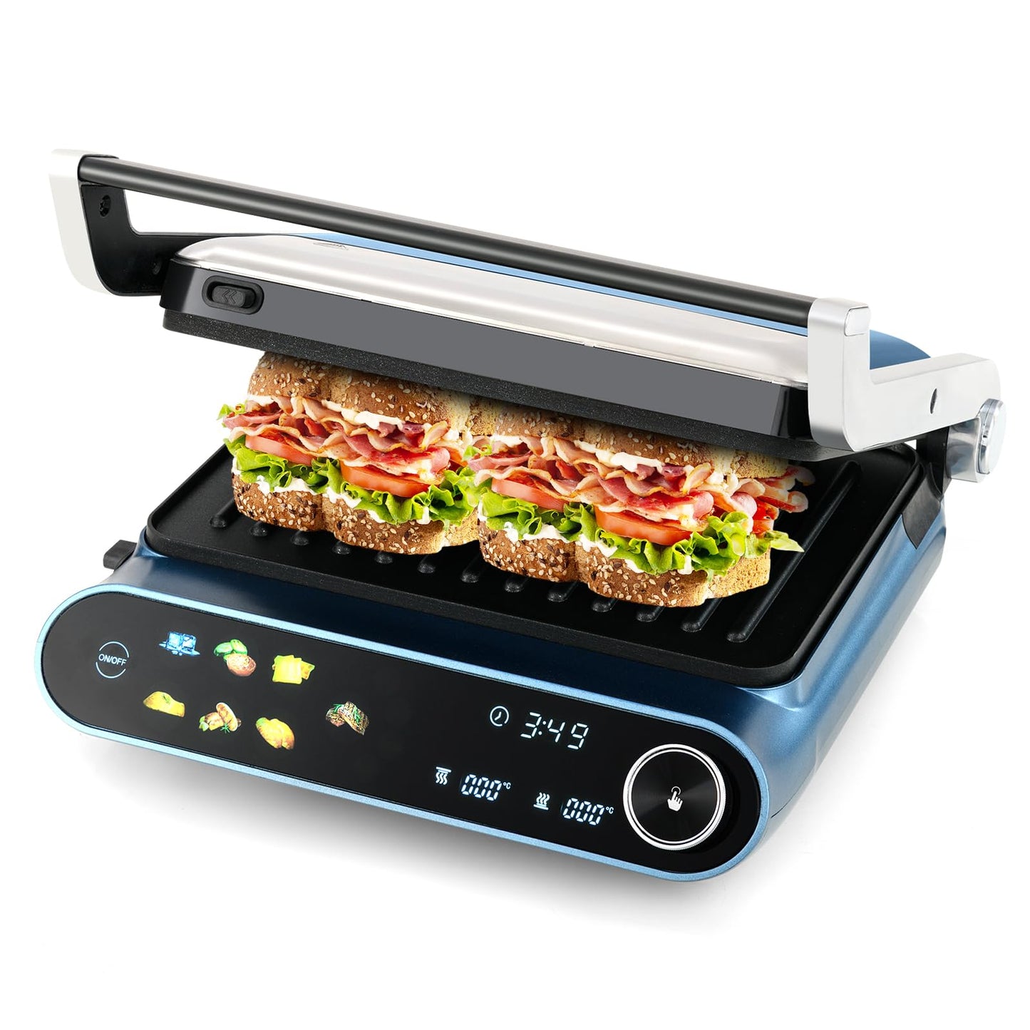 Happygrill 3 in 1 Panini Press and Electric Indoor Grill, 1200W Open Flat Teppanyaki Griddle w/ 2 Non-Stick Dishwasher-Safe Plates, 7 Grilling Modes, LED Display, Independent Temp Control & Drip Tray
