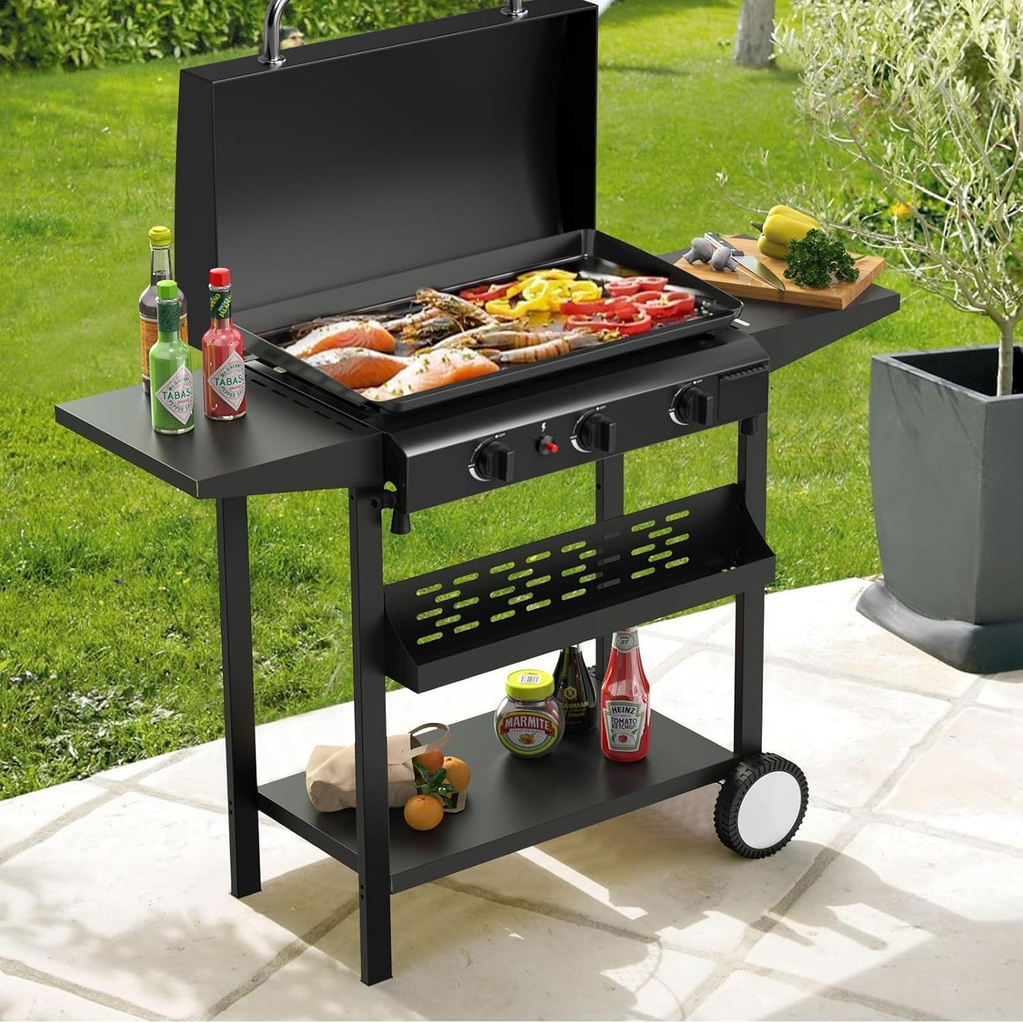 ADREAK 3 Burner BBQ Gas Griddle with Hood, 25.6 Inch Stainless Steel Portable Detachable Propane Griddle, 45,000 BTU Flat Top Barbecue Grill with Side Shelves for Camping