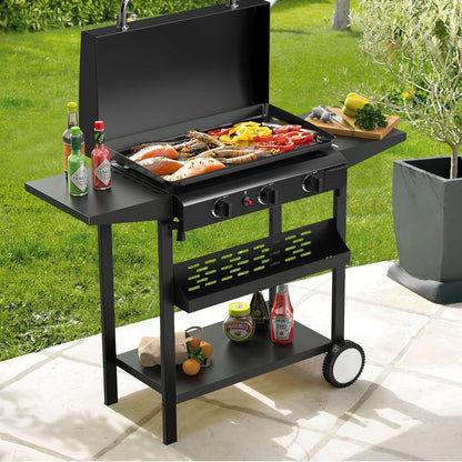 ADREAK 3 Burner BBQ Gas Griddle with Hood, 25.6 Inch Stainless Steel Portable Detachable Propane Griddle, 45,000 BTU Flat Top Barbecue Grill with Side Shelves for Camping