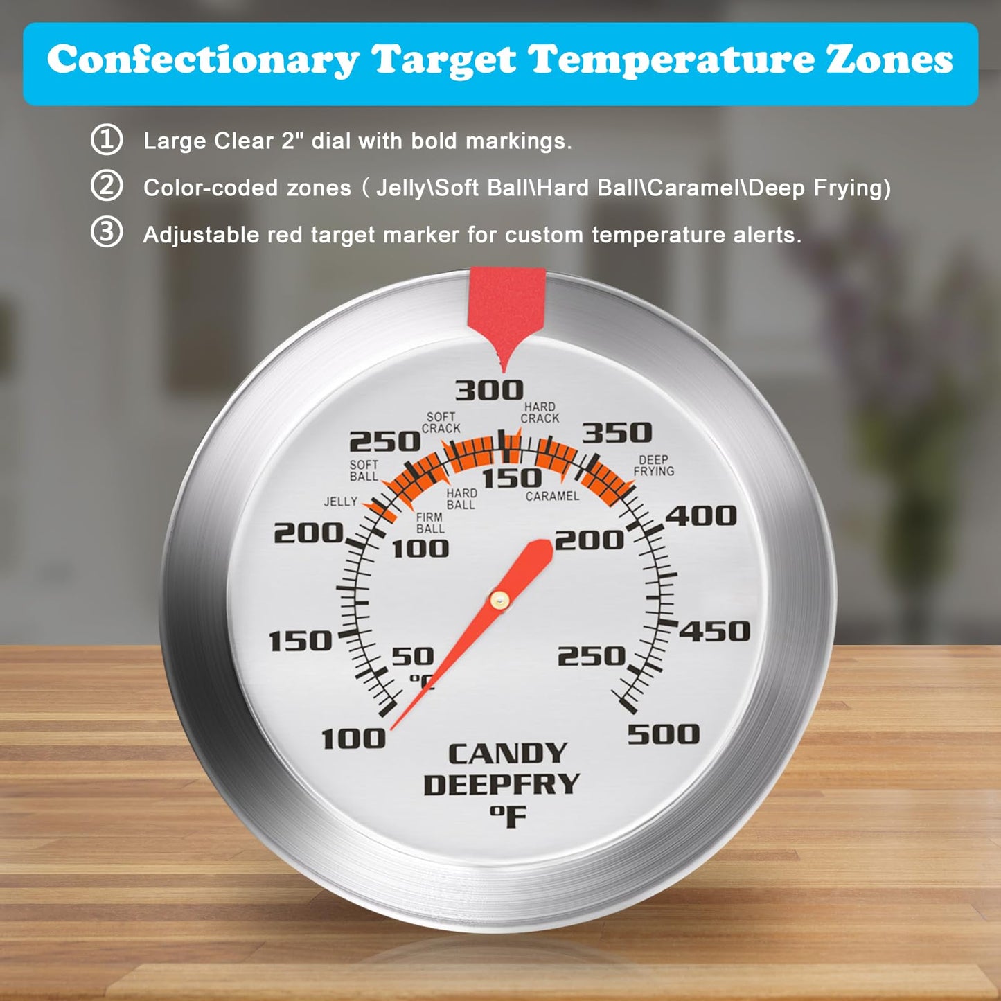 Stainless Steel Candy Thermometer with Pot Clip Deep Fry Oil Thermometer with 9" Long Probe & 2" Dial Accurate Temperature Reading for Cooking Candy Sugar Jelly Syrup Deep Frying Thermometer