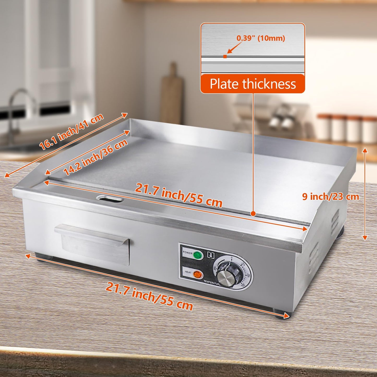 ExGizmo 22" Commercial Electric Griddle,Electric Countertop Flat Top Griddle,110V 1600W Electric Flat Top Grill,Non-Stick Restaurant Teppanyaki Stainless Steel Grill,Adjustable Temperature Control