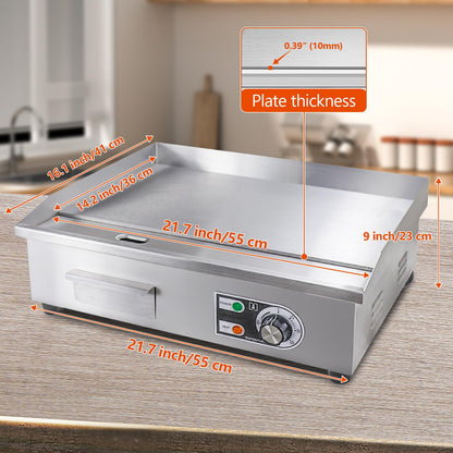 ExGizmo 22" Commercial Electric Griddle,Electric Countertop Flat Top Griddle,110V 1600W Electric Flat Top Grill,Non-Stick Restaurant Teppanyaki Stainless Steel Grill,Adjustable Temperature Control