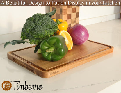 Timberro Acacia Wood Cutting Board - Solid Organic Wooden Meat Boards for Kitchen, Real Hardwood Chopping Butcher Block with Deep Juice Groove Well for Counter, Medium Countertop Blocks with Handle