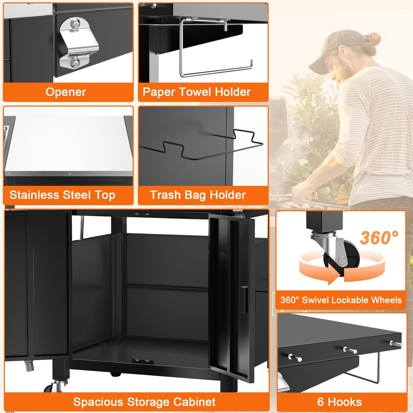 Grill Table with Sink, Outdoor Bar Cart Grill Station, Modular Outdoor Kitchen Island with 100-Gallon Storage Cabinet, 304 Stainless Steel Top, Pizza Oven Table for Lawn & Garden, L60” x W25”