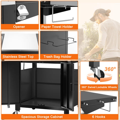 Grill Table with Sink, Outdoor Bar Cart Grill Station, Modular Outdoor Kitchen Island with 100-Gallon Storage Cabinet, 304 Stainless Steel Top, Pizza Oven Table for Lawn & Garden, L60” x W25”