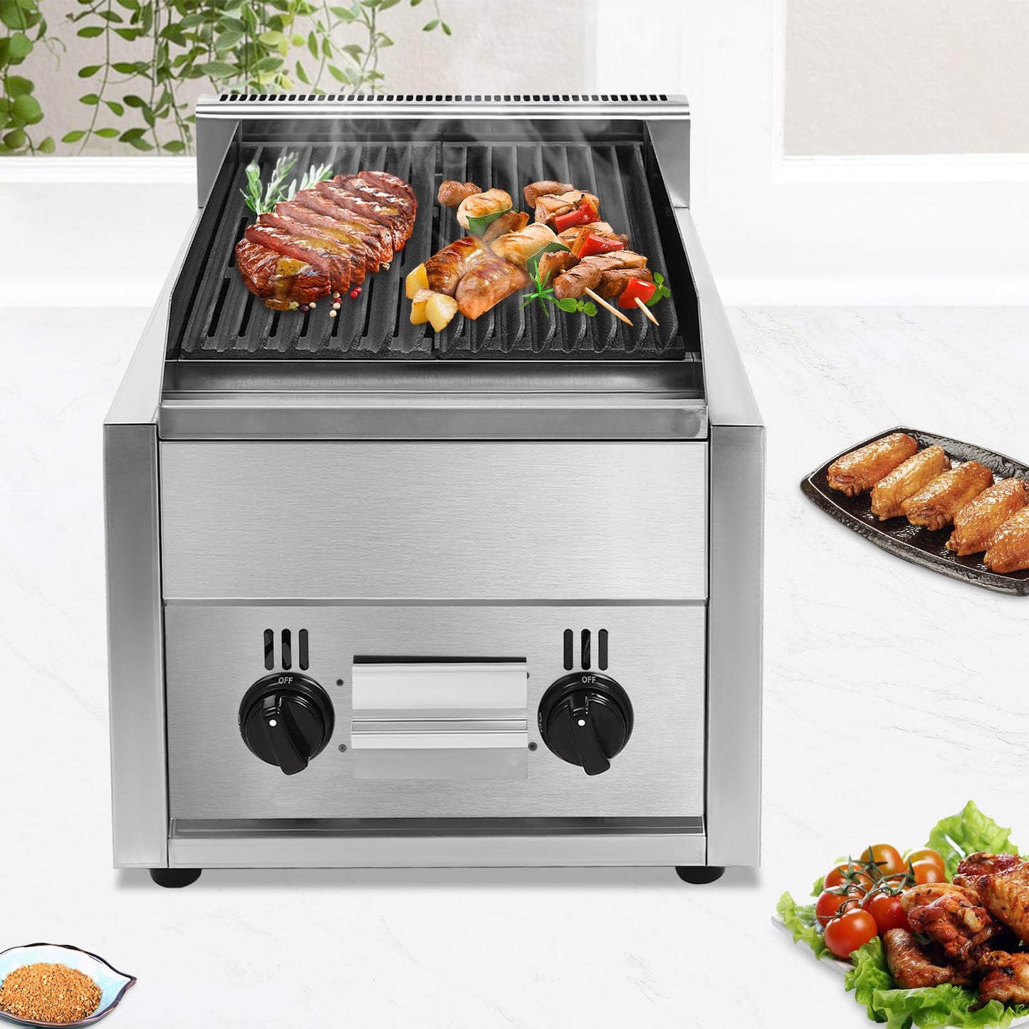 CAIHAOA Commercial Radiant Gas Grills, 14.96" x 5.91" Countertop Gas Grill, 60TU/hr Combustion Power, Dual I-type Burners Yakitori Grill Barbecue Griddle for Various Types of Barbecue