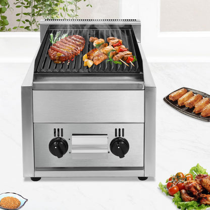 CAIHAOA Commercial Radiant Gas Grills, 14.96" x 5.91" Countertop Gas Grill, 60TU/hr Combustion Power, Dual I-type Burners Yakitori Grill Barbecue Griddle for Various Types of Barbecue