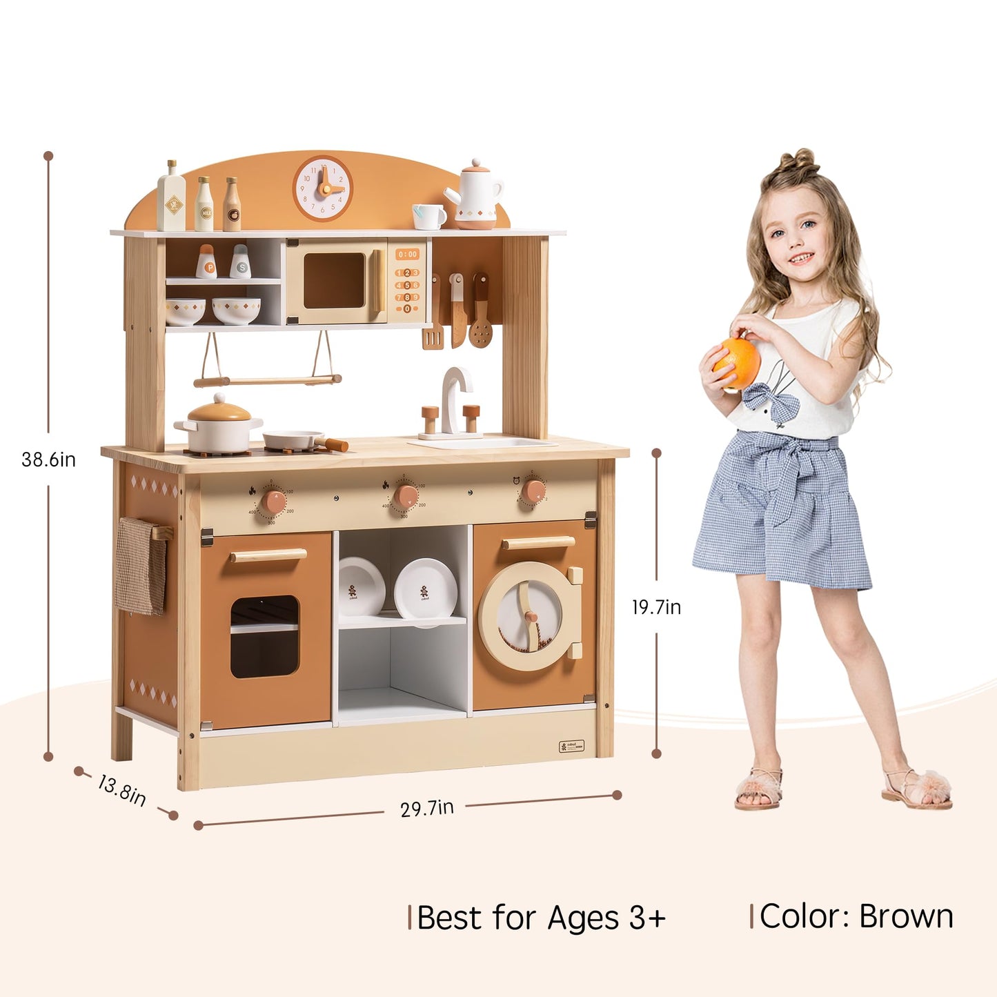 ROBUD Wooden Play Kitchen for Kids Toddlers, Kids Kitchen Playset with Realistic Accessories, Toy Kitchen Set with Plenty of Play Features, Modern Style Toy Kitchen for Girls & Boys, 3+, Caramel