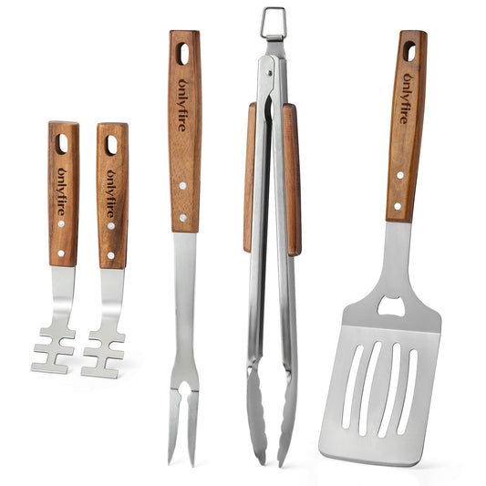 onlyfire 5PCS BBQ Tools, Heavy Duty Grill Kit with Wood Handles for Outdoor Camping, Multifunctional Griddle Utensil Set Including 1 BBQ Spatula, 1 Barbecue Tong, 1 Meat Fork and 2 Grate Liftes