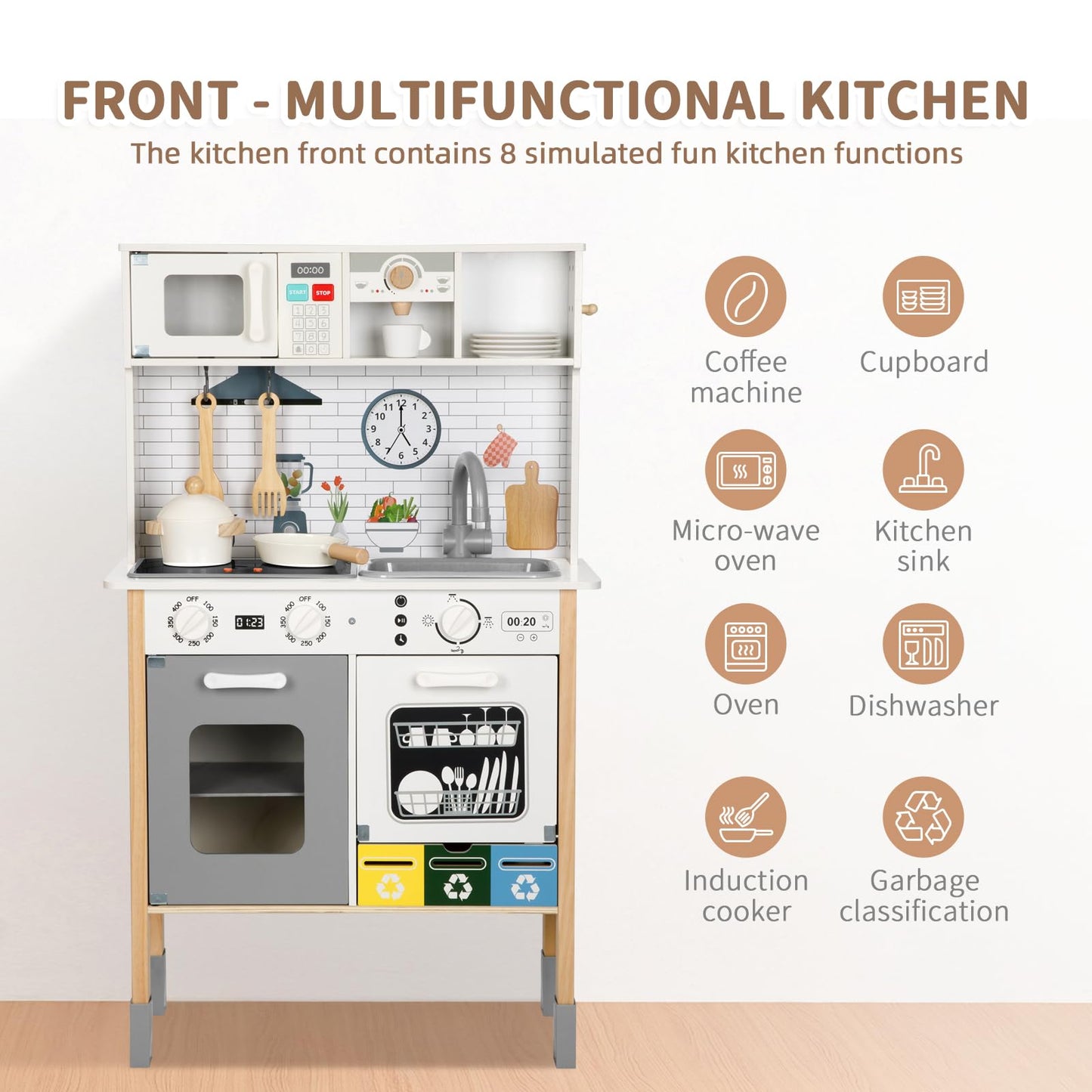 OOOK Kids Kitchen Playset with Garbage Classification, Wooden Pretend Play Kitchen with Sound and Light, Kitchen Set for Kids Equipped with Blackboard, Worldmap ect., Gift for Boys and Girls Aged 3+