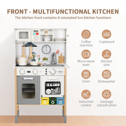 OOOK Kids Kitchen Playset with Garbage Classification, Wooden Pretend Play Kitchen with Sound and Light, Kitchen Set for Kids Equipped with Blackboard, Worldmap ect., Gift for Boys and Girls Aged 3+