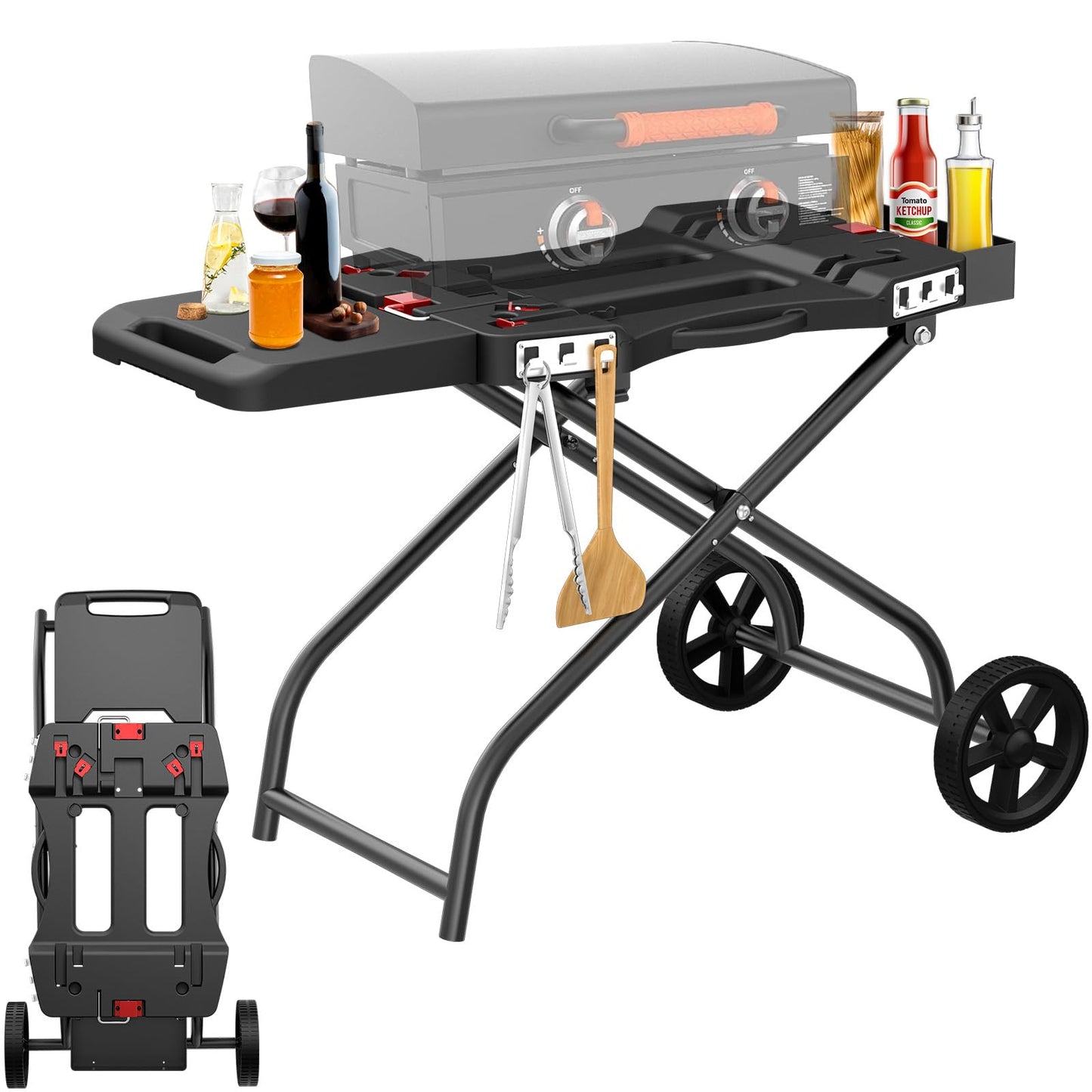 QuliMetal Portable Grill Cart for 17" & 22" Blackstone Griddles and Weber Q1000, Q1200, Q2000, Q2200 Series Grills - Durable, Foldable Cart Table with Wheels Hooks，BBQ Prep Table with Seasoning Tray