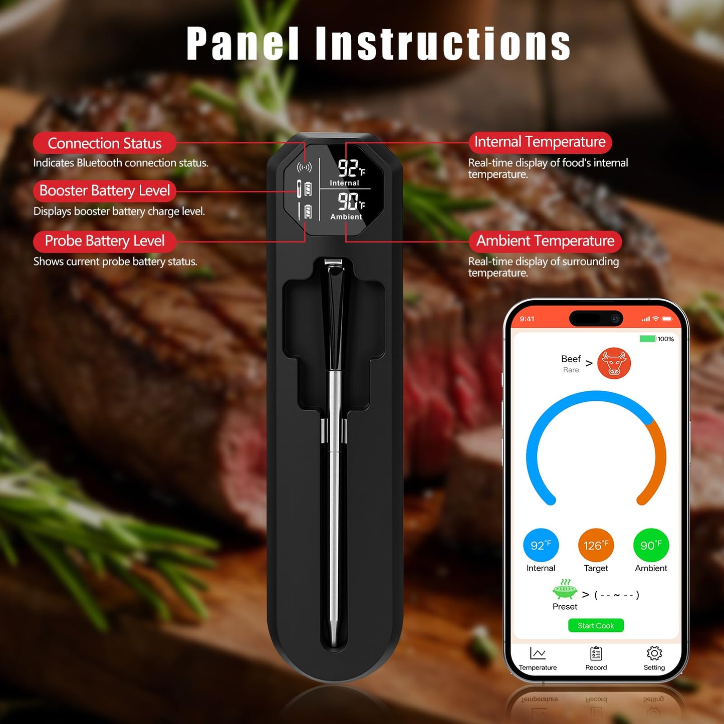 Meat Thermometer – Smart Bluetooth Meat Thermometer 820-FT Bluetooth Wireless Range Digital Food Thermometer with App Control | IP67 Waterproof Probe | Cooking Thermometer for BBQ, Oven, Grill, Smoker