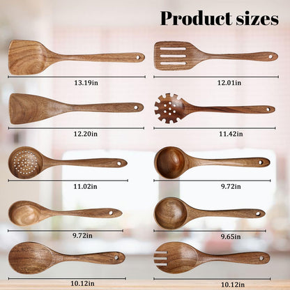 HAKSEN Wooden Spoons for Cooking, 10PCS Natural Acacia Wood Kitchen Utensils Set, Wooden Utensil Set for Nonstick Cookware, Smooth Finish, Sturdy & Durable