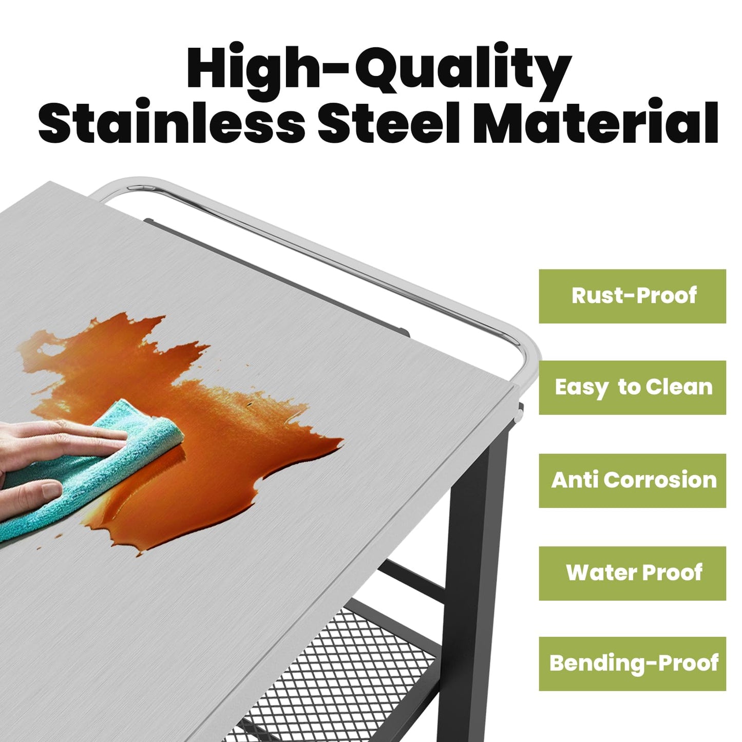 YORKING Foldable Outdoor Grill Cart, Stainless Steel 3 Tier Kitchen Cart with 2 Lock Wheels, Moveable BBQ Table Kitchen Island with Tool Hooks, Bottle Opener, for Home Party, Bar, Camping, Black