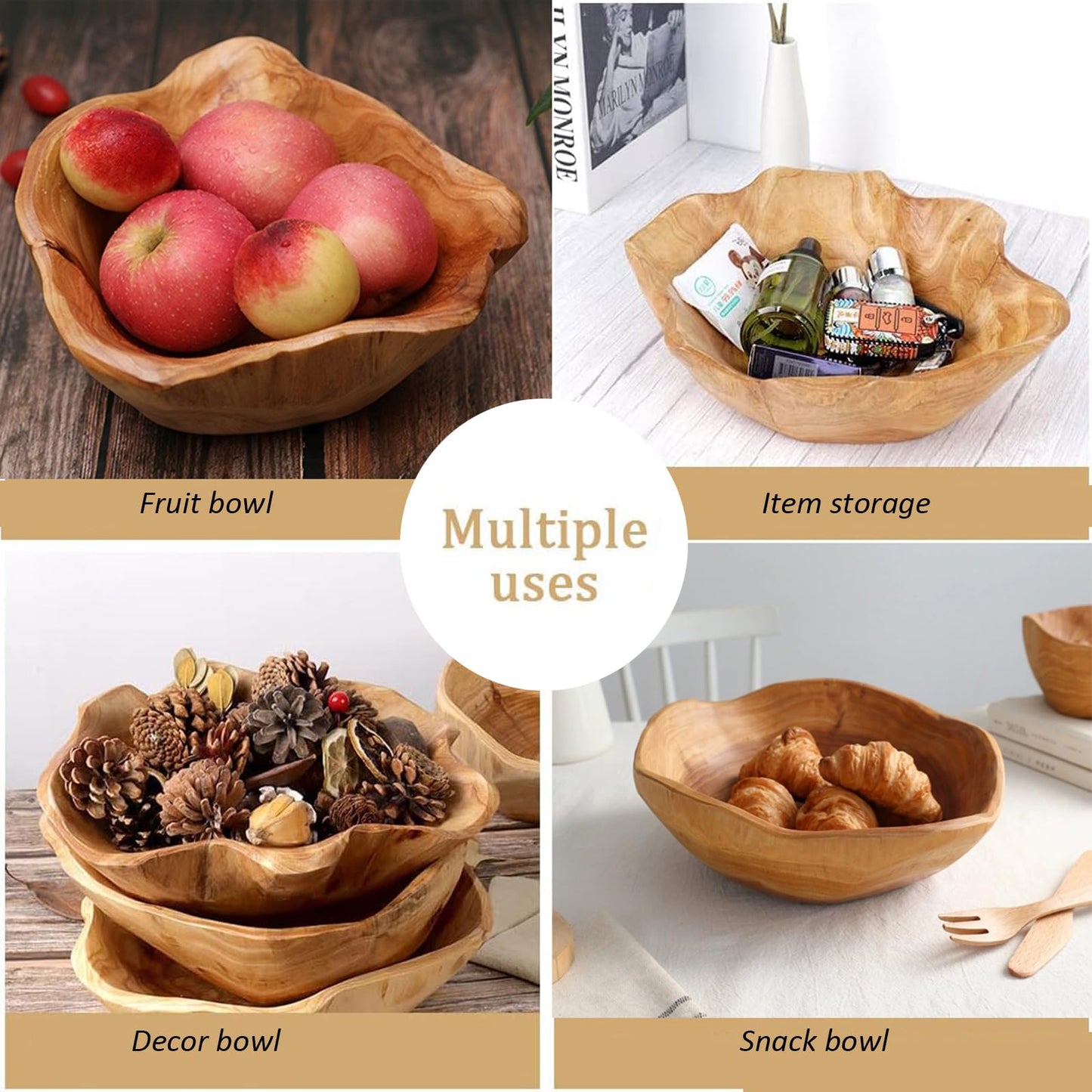 MIATTCLD Wooden Bowl Decorative Natural Wood Fruit Bowl, Irregular Creative Wood Bowls, Rustic Hand Carved Candy Snack Keys Serving Bowls for Home Decor