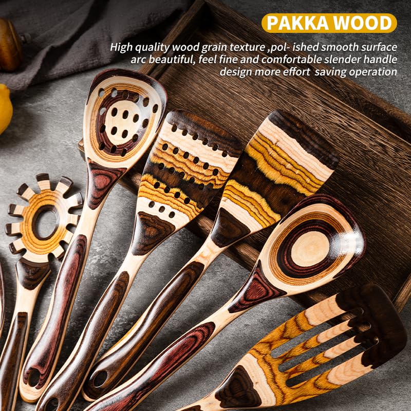 Gudamaye 7-Piece Brown Pakkawood Utensils Set – Sturdy, Eco-Friendly, Wooden Spoons for cooking, Wooden Utensil for cooking, Wooden Kitchen Tool, Home & Kitchen Gifts for Men and Women