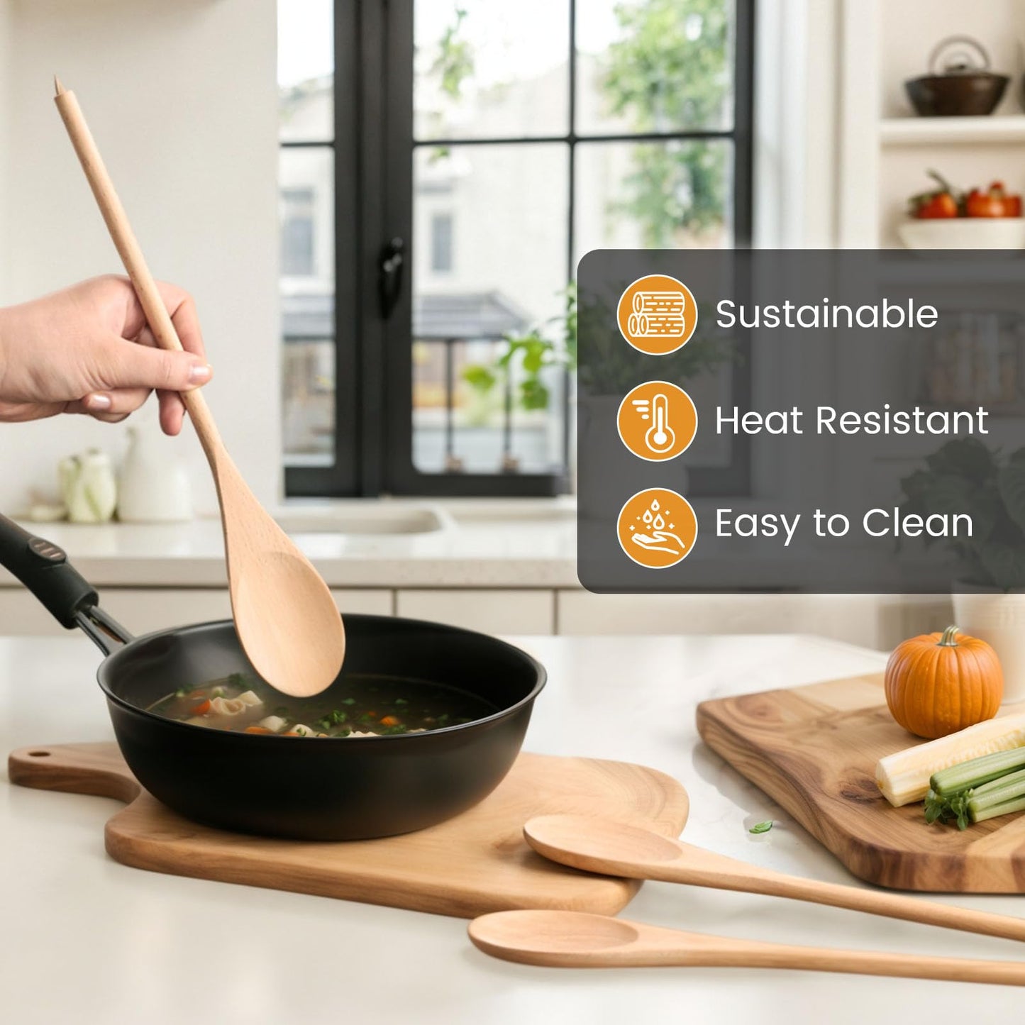 HANSGO Wooden Spoons for Cooking, 12 Inch Long Handle Wooden Cooking Mixing Oval Spoons to Baking, Stir Meals, 3PCS