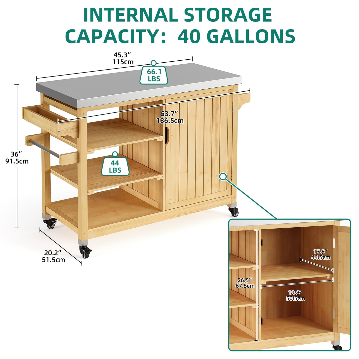 YITAHOME XL Solid Wood Outdoor Grill Cart Storage Cabinet with Stainless Steel Table Top and Spice Rack, 53.74’’ L x 20.27’’ W Patio Bar Cart, Outdoor Kitchen with Lockable Wheels, Single Door Natural