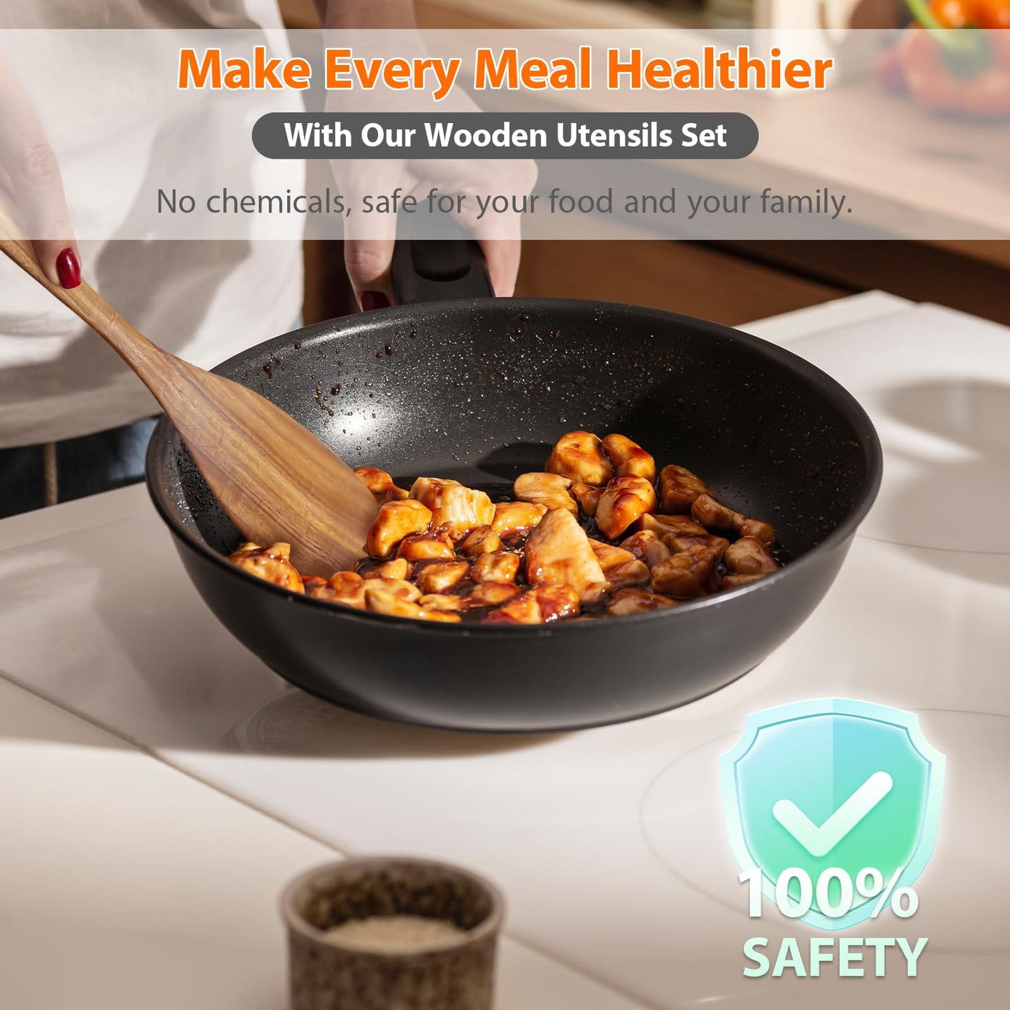 6 Piece Teak Wooden Utensil Set, Comfort-Grip Wooden Spoons for Cooking, Smooth Finish Wood Kitchen Utensils Set, Non-Stick Wood Spatula for Cooking