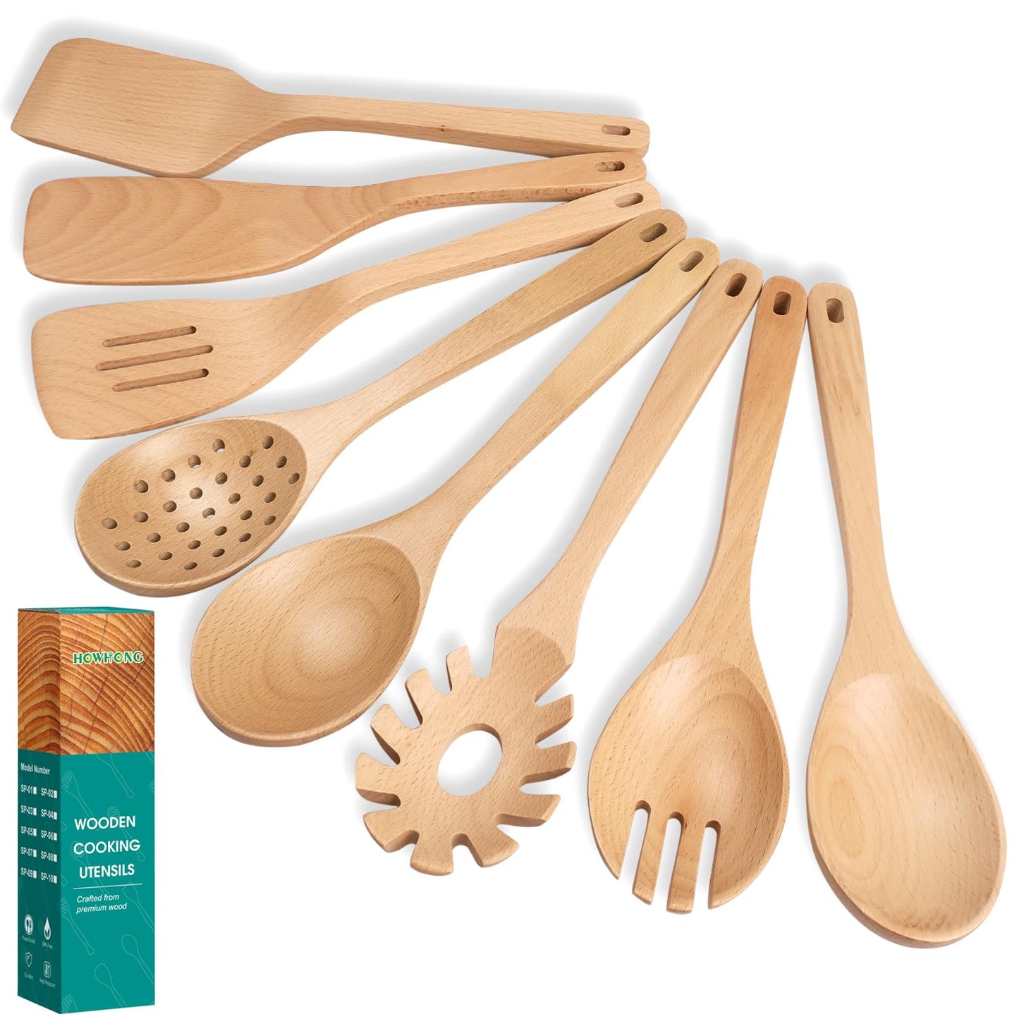 Wooden Spoons for Cooking, 8 Pcs Beech Wood Wooden Kitchen Cooking Spoon Utensil Tools Set Includes Spatula Skimmer Pasta Scoop Non-Stick Cookware Safe by HOWHONG