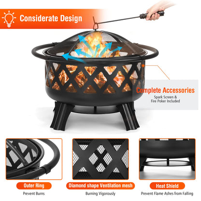 2 in 1 Fire Pit with Cooking Grate 30'' Wood Burning Firepit Outdoor Fire Pits Steel Firepit Bowl Outside with Swivel BBQ Grill, Spark Screen, Poker for Backyard Garden Bonfire Patio