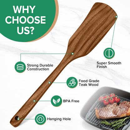 Wooden Spatula for Cooking,2 Pcs Teak Acacia Wooden Kitchen Utensils Set,Natural Wood Spatulas for Non-Stick Frying Pan,Slotted Solid Wood Flippers Turner,Kitchen Essentials,13.3”