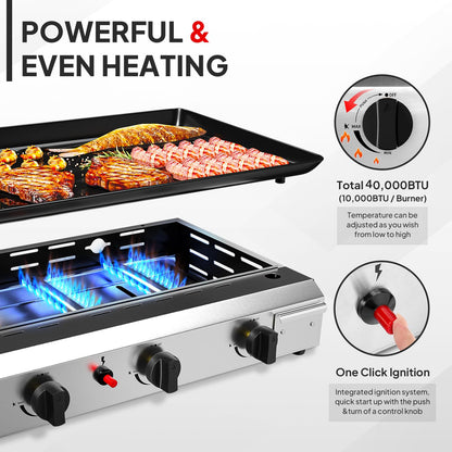 Bonnlo 4 Burner Portable Propane Griddle, 40,000BTU Gas Griddle Grill with Nonstick Enameled Tray, Rolling Flat Top Gas Grill w/Electronic Ignition, Side Shelve & Regulator, Ideal for Outdoor Cooking