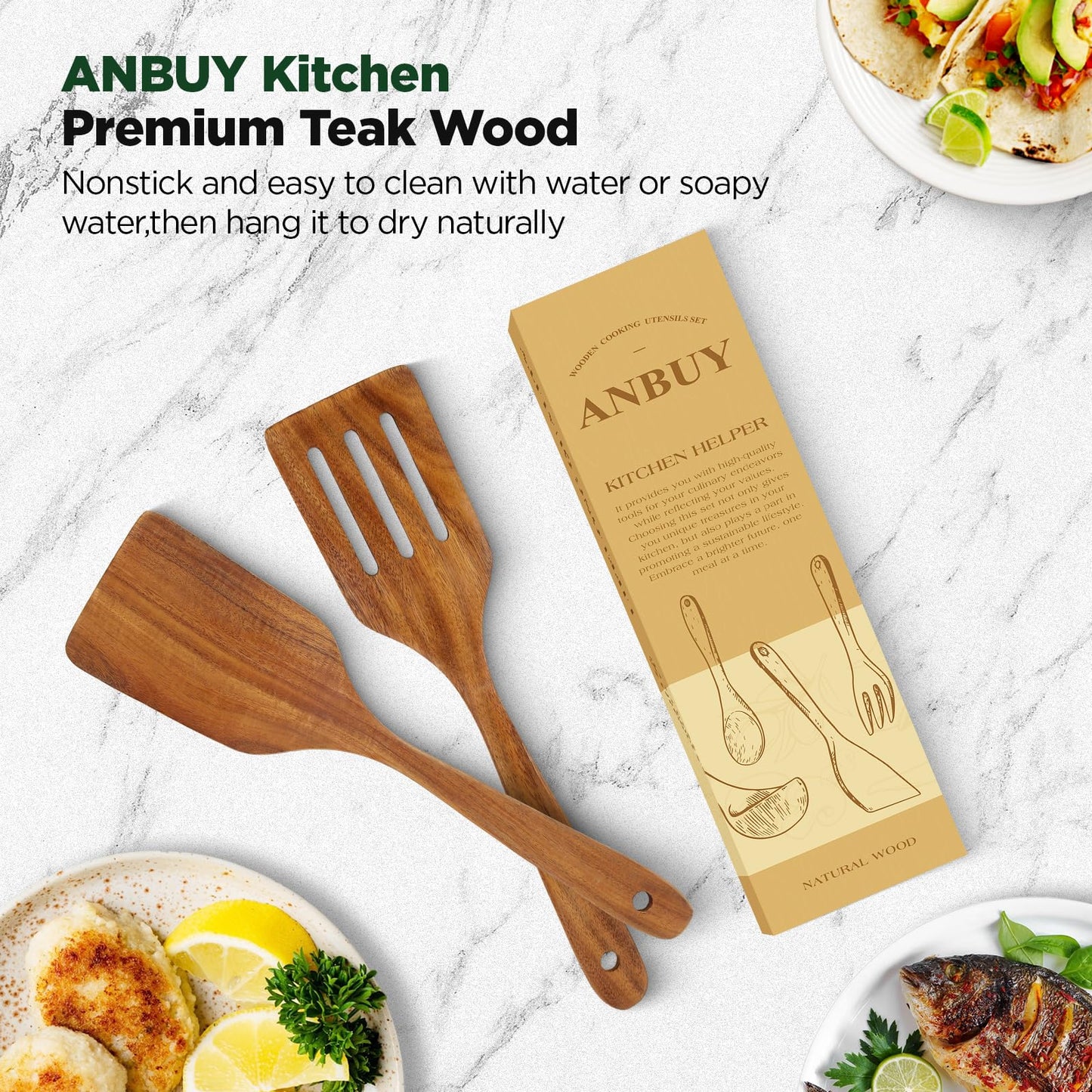 ANBUY Wooden Spatula for Cooking, Teak Wood Spatula Set for Nonstick Pan, Heat Resistant Kitchen Cooking Utensils Set, 2 PCS Slotted Spatula & Turner Non Toxic
